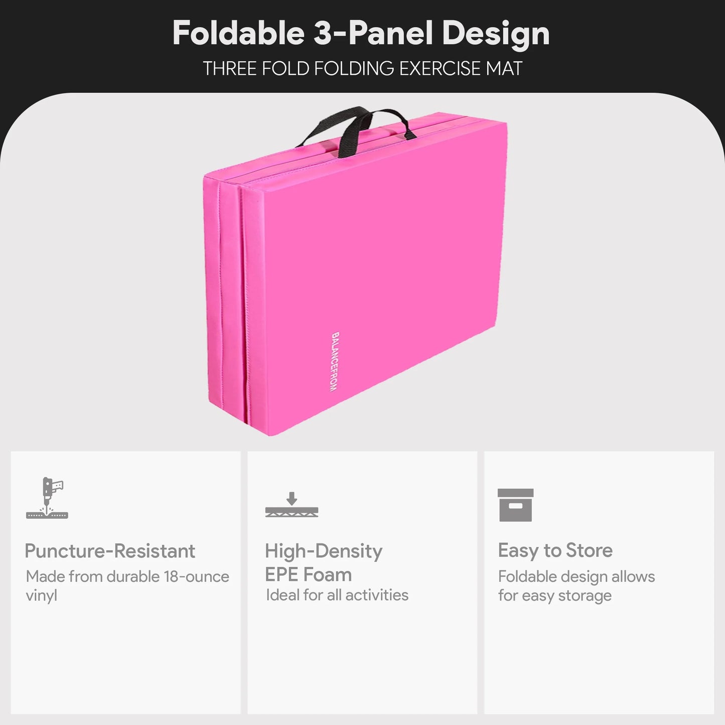 6 Ft. X 2 Ft. X 2 In. Three Fold Folding Exercise Mat with Carrying Handles for MMA, Gymnastics and Home Gym, Pink