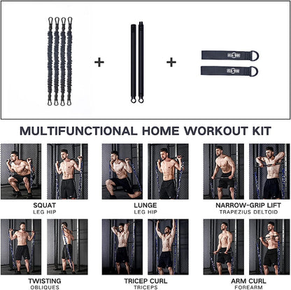 Portable Home Gym Set with Workout Bar, Bench Press Set, Squat Resistance Band, Door Anchor and More-Full Body Workout Equipment to Build Muscle and Shape Body