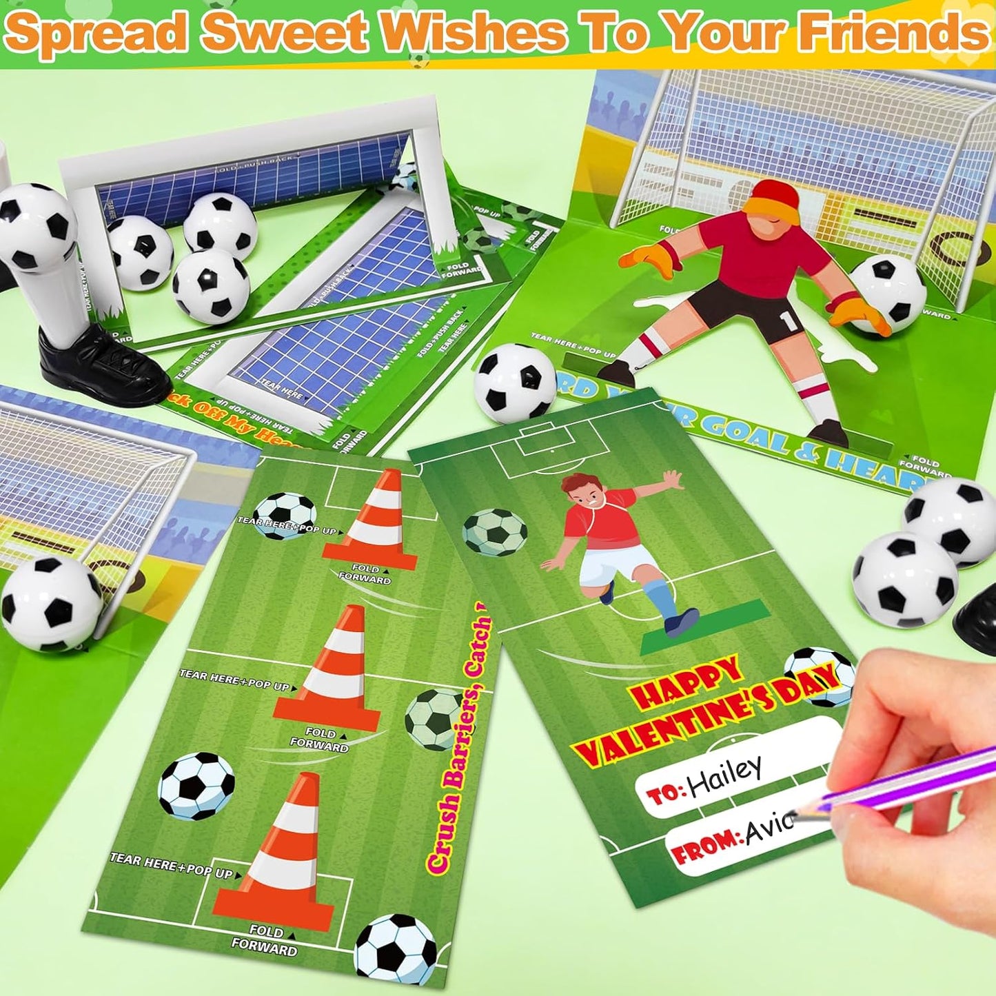 [3D Goal Cards]24 Pack Valentines Day Gifts for Kids Finger Soccer Game with Valentines Day Cards for Kids School,Football Balls Tabletop Game for Party Favors Toddles Boys Girls Class Exchange Prizes