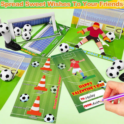 [3D Goal Cards]24 Pack Valentines Day Gifts for Kids Finger Soccer Game with Valentines Day Cards for Kids School,Football Balls Tabletop Game for Party Favors Toddles Boys Girls Class Exchange Prizes