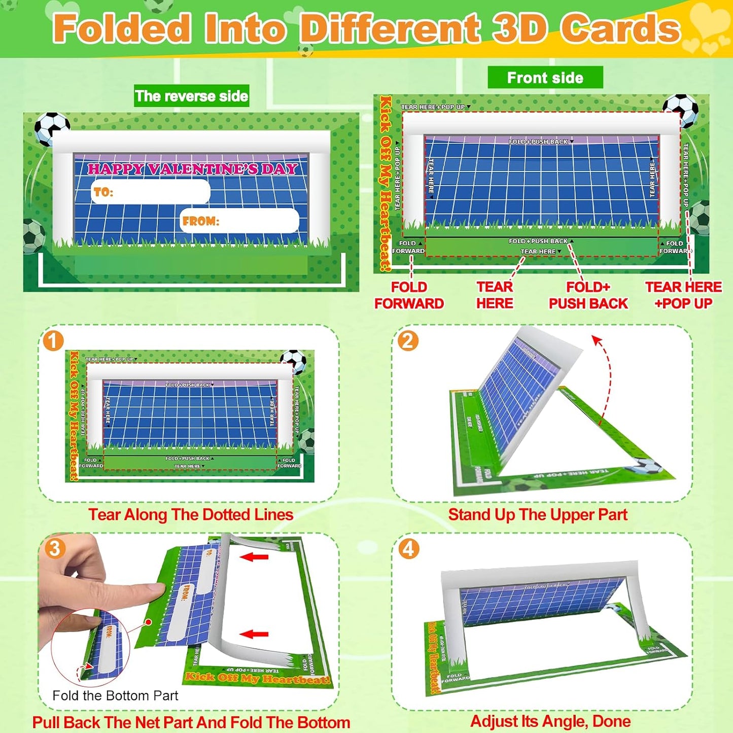 [3D Goal Cards]24 Pack Valentines Day Gifts for Kids Finger Soccer Game with Valentines Day Cards for Kids School,Football Balls Tabletop Game for Party Favors Toddles Boys Girls Class Exchange Prizes