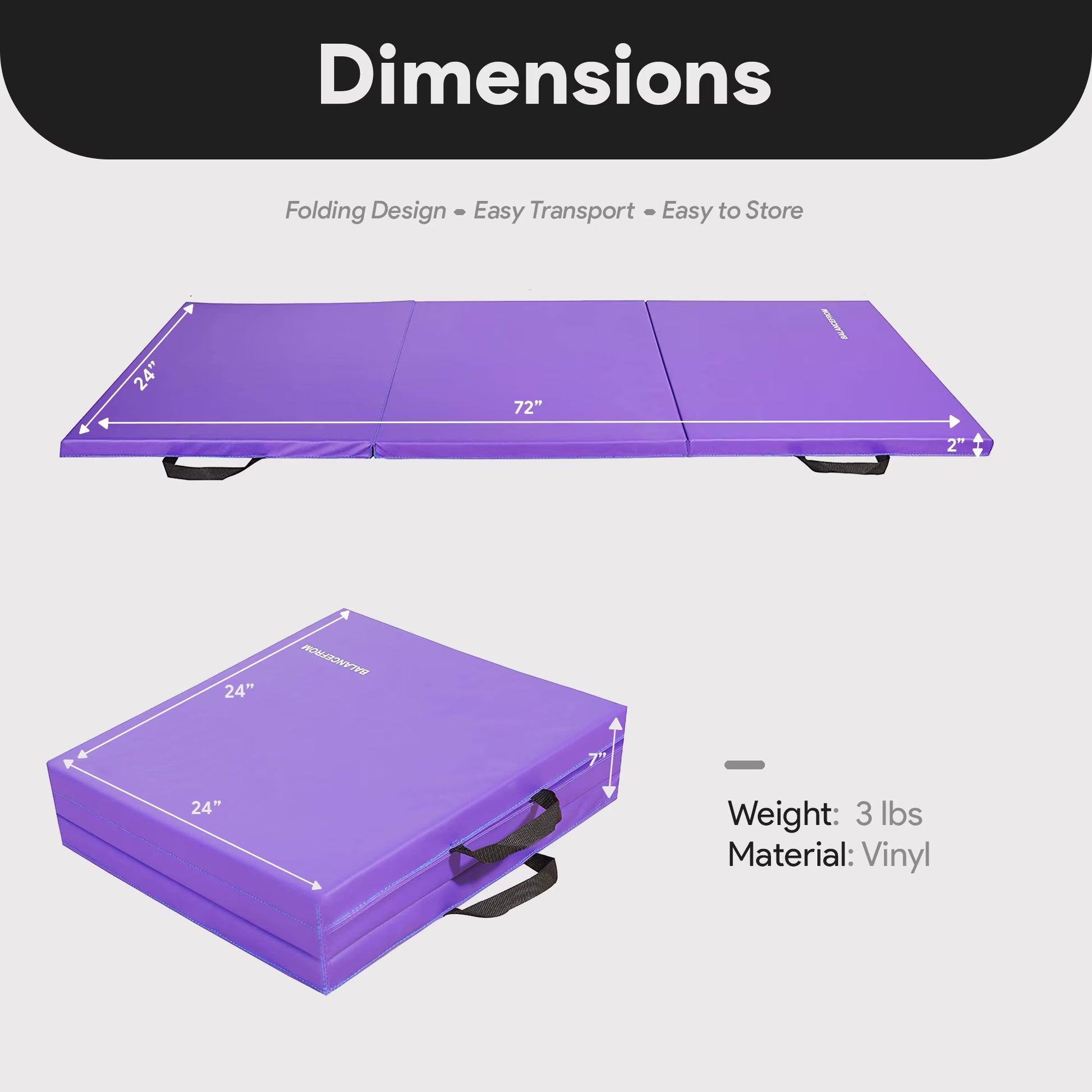 6 Ft. X 2 Ft. X 2 In. Three Fold Folding Exercise Mat with Carrying Handles for MMA, Gymnastics and Home Gym, Purple