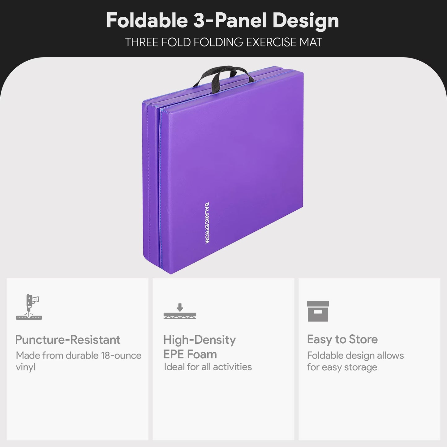 6 Ft. X 2 Ft. X 2 In. Three Fold Folding Exercise Mat with Carrying Handles for MMA, Gymnastics and Home Gym, Purple