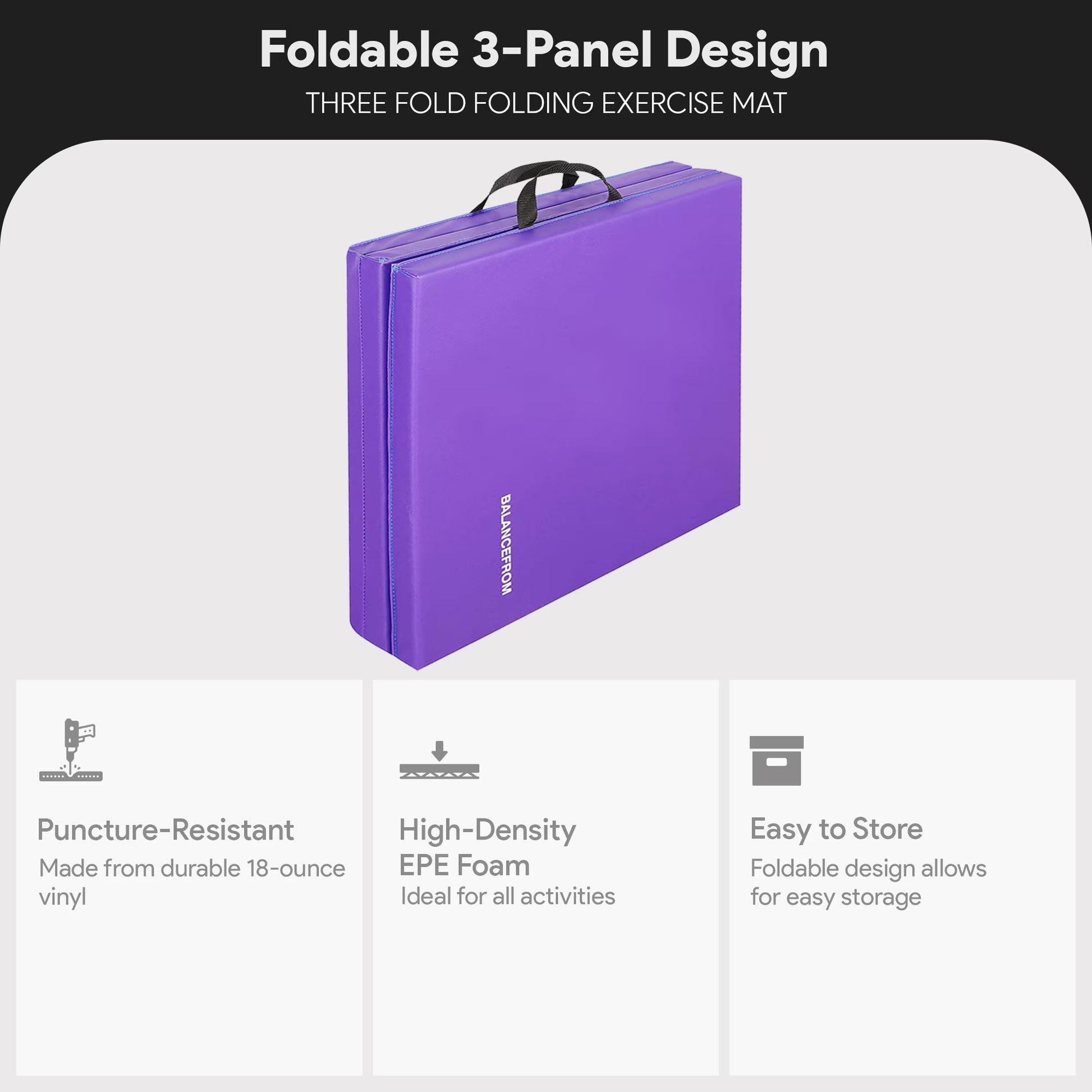 6 Ft. X 2 Ft. X 2 In. Three Fold Folding Exercise Mat with Carrying Handles for MMA, Gymnastics and Home Gym, Purple