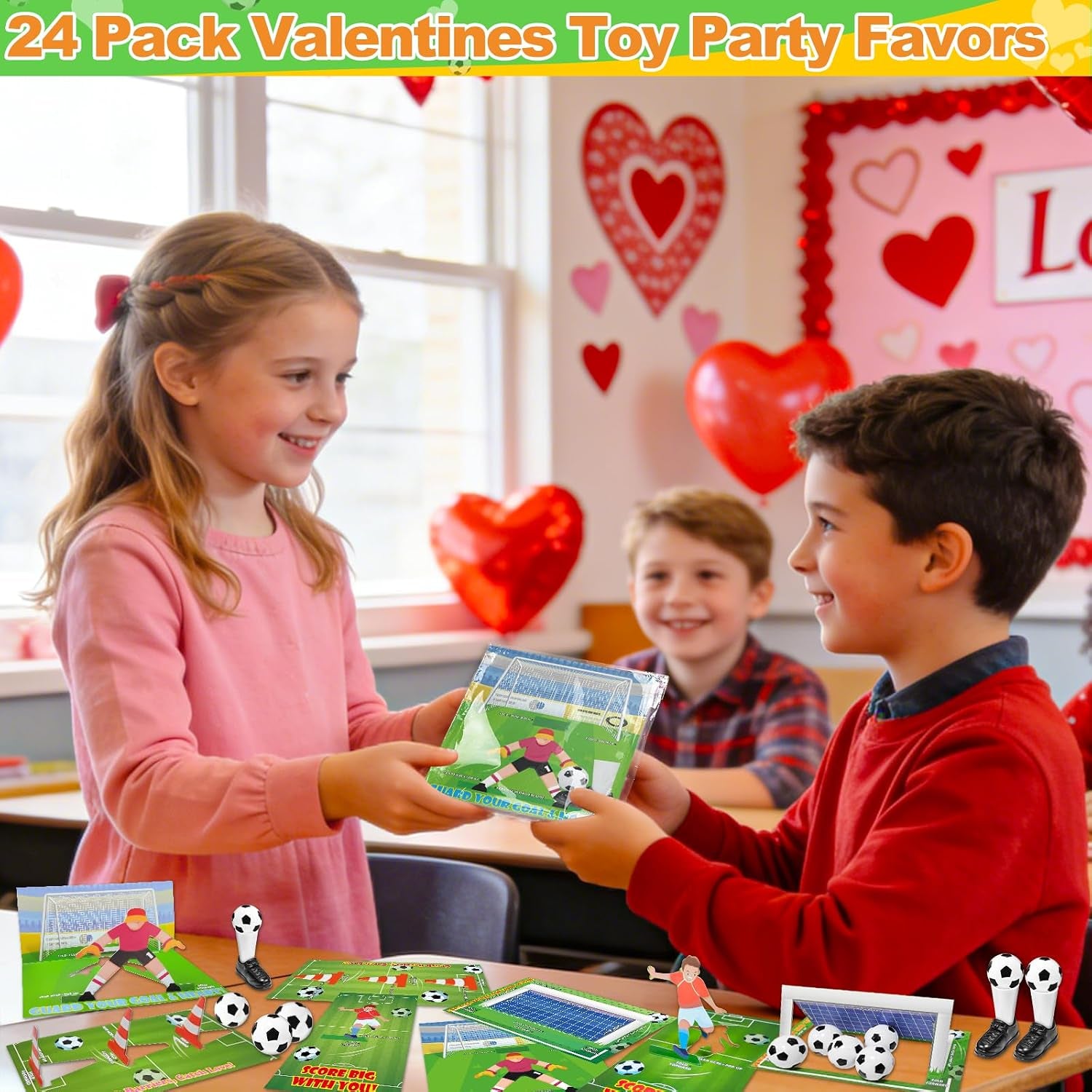 [3D Goal Cards]24 Pack Valentines Day Gifts for Kids Finger Soccer Game with Valentines Day Cards for Kids School,Football Balls Tabletop Game for Party Favors Toddles Boys Girls Class Exchange Prizes