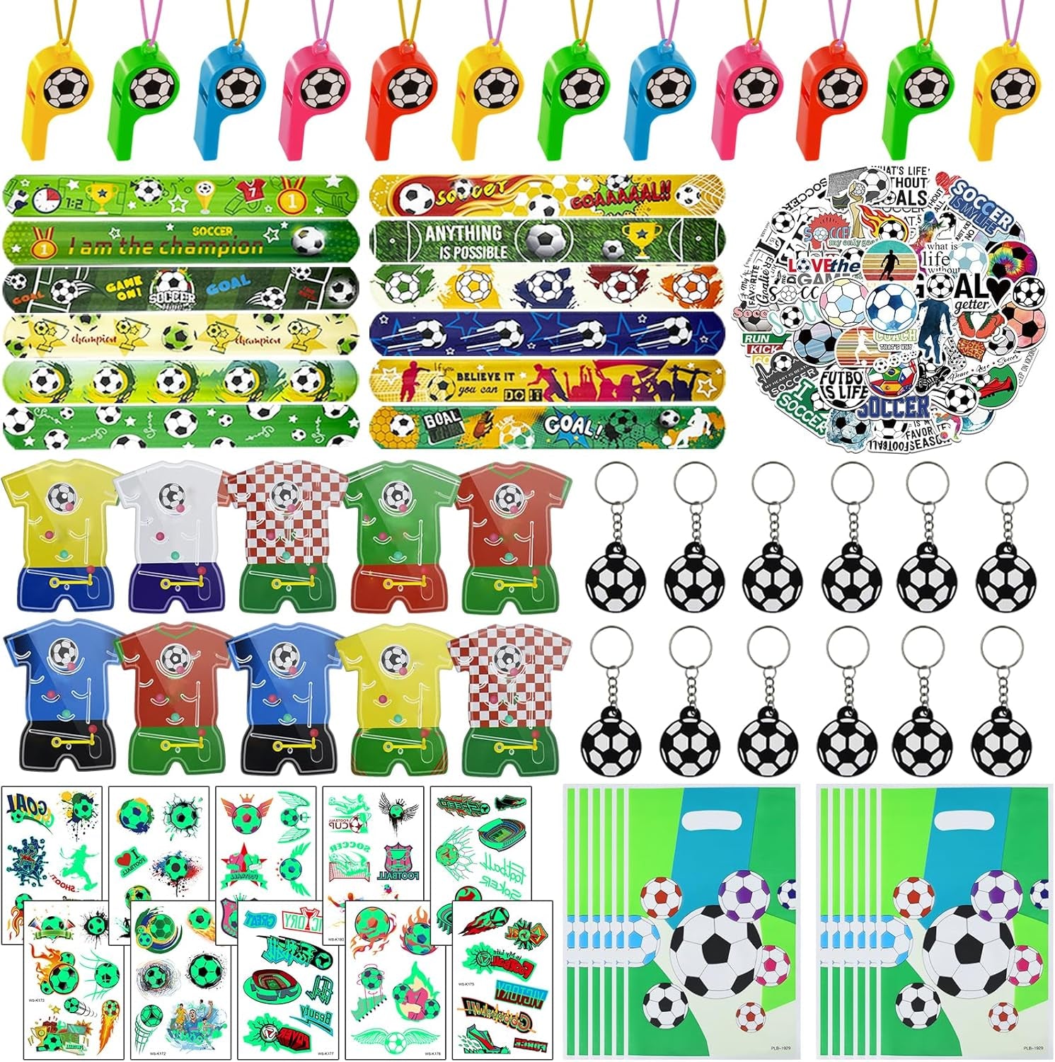 122 Pcs Soccer Party Favors Set with Goodie Bags, Slap Bracelets, Tattoo Stickers, Puzzle Toys, Stickers, Whistles, Party Supplies and Decorations