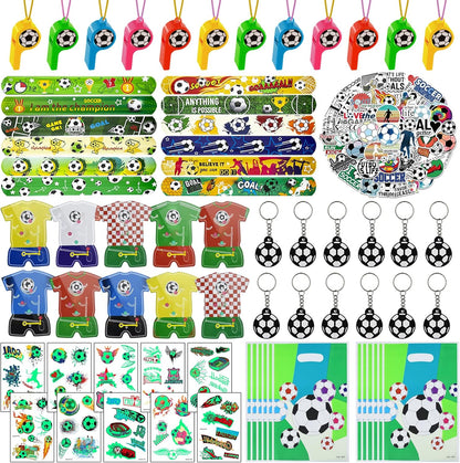 122 Pcs Soccer Party Favors Set with Goodie Bags, Slap Bracelets, Tattoo Stickers, Puzzle Toys, Stickers, Whistles, Party Supplies and Decorations