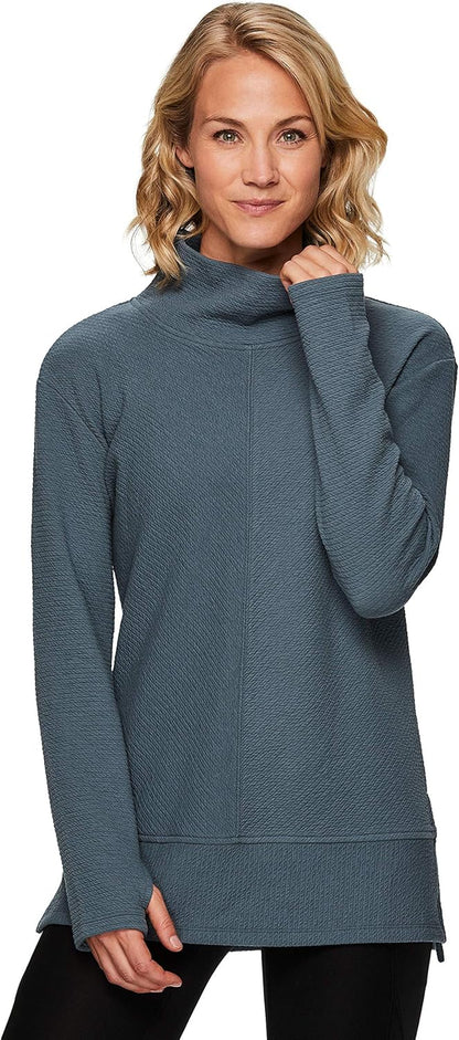 Active Women'S Ultra Soft Quilted Cowl Neck Pullover Sweater, Lightweight Mock Neck Tunic Sweatshirt with Thumbholes