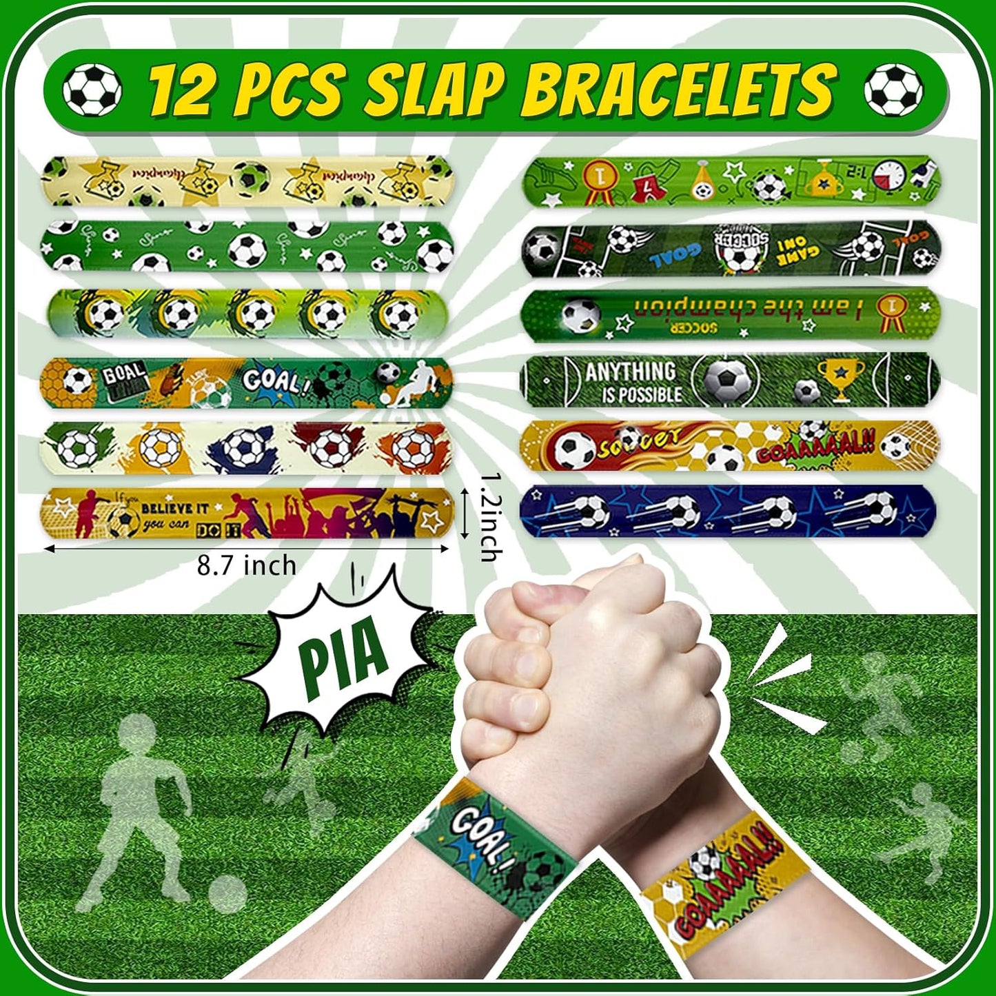 122 Pcs Soccer Party Favors Set with Goodie Bags, Slap Bracelets, Tattoo Stickers, Puzzle Toys, Stickers, Whistles, Party Supplies and Decorations
