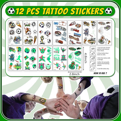 122 Pcs Soccer Party Favors Set with Goodie Bags, Slap Bracelets, Tattoo Stickers, Puzzle Toys, Stickers, Whistles, Party Supplies and Decorations