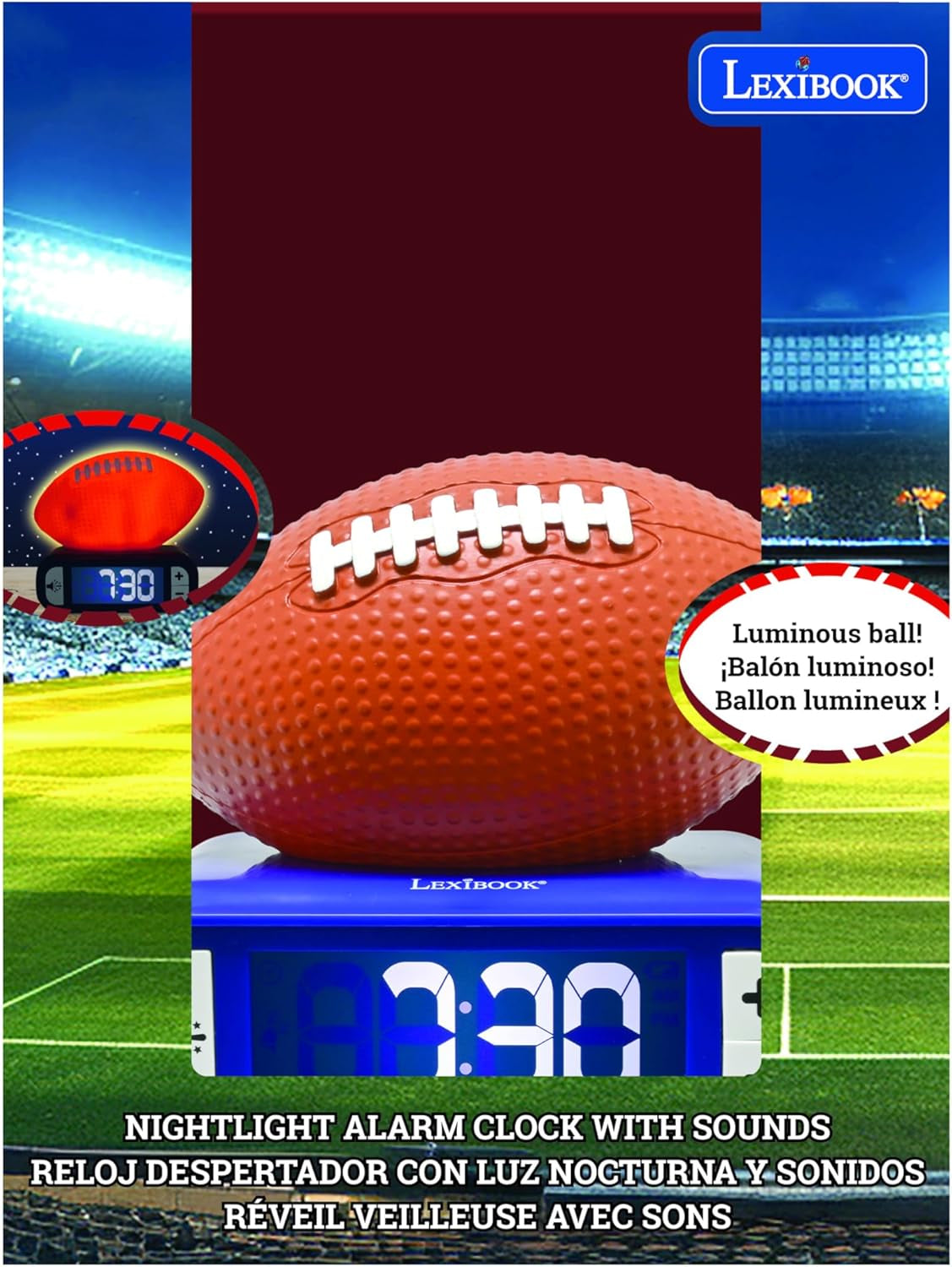 , American Football - Night Light Alarm Clock, Sounds and Melodies, Backlit LCD Screen, Luminescent, Snooze, Orange/Blue, RL800SO