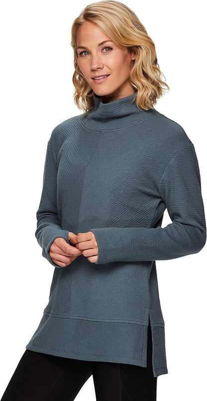 Active Women'S Ultra Soft Quilted Cowl Neck Pullover Sweater, Lightweight Mock Neck Tunic Sweatshirt with Thumbholes