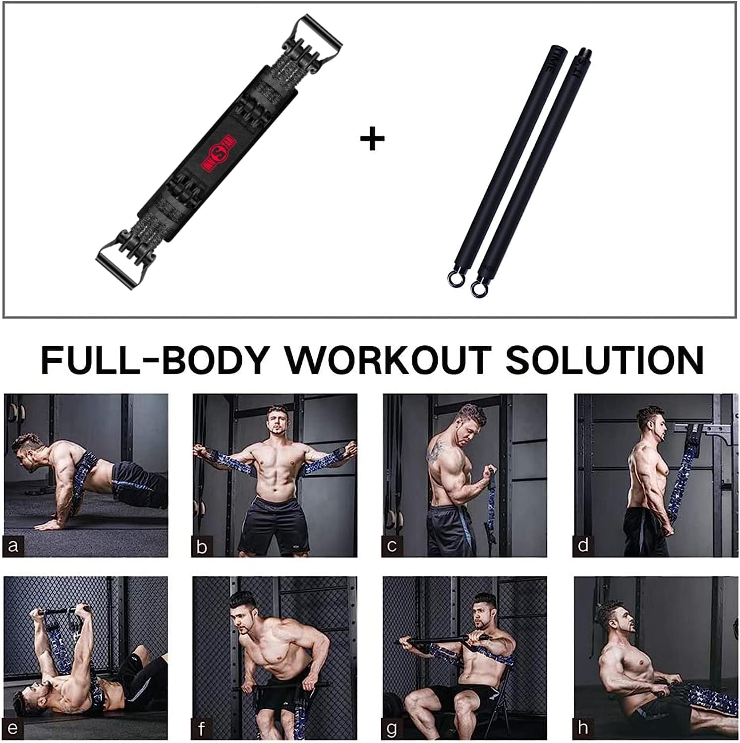 Portable Home Gym Set with Workout Bar, Bench Press Set, Squat Resistance Band, Door Anchor and More-Full Body Workout Equipment to Build Muscle and Shape Body