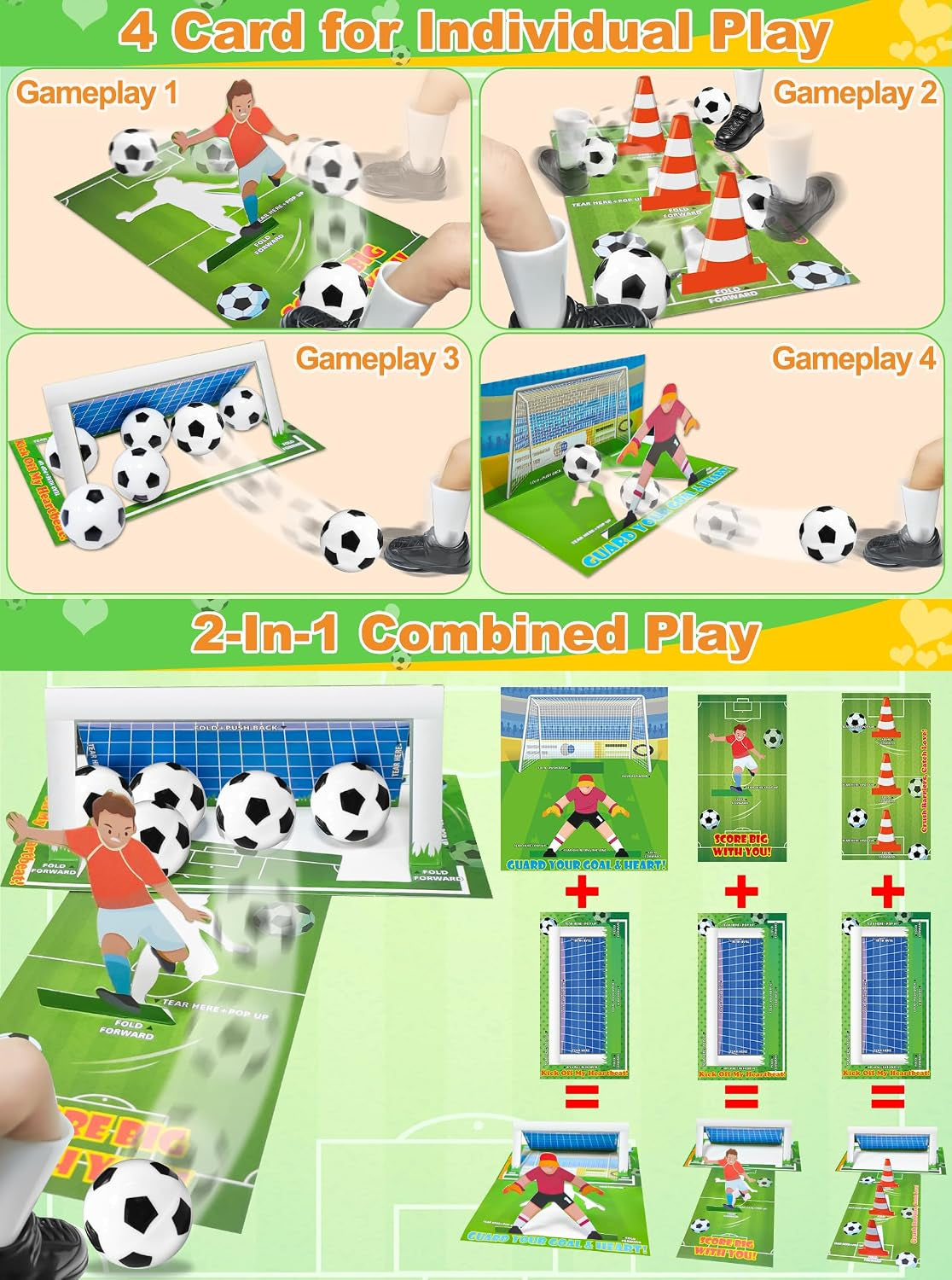 [3D Goal Cards]24 Pack Valentines Day Gifts for Kids Finger Soccer Game with Valentines Day Cards for Kids School,Football Balls Tabletop Game for Party Favors Toddles Boys Girls Class Exchange Prizes
