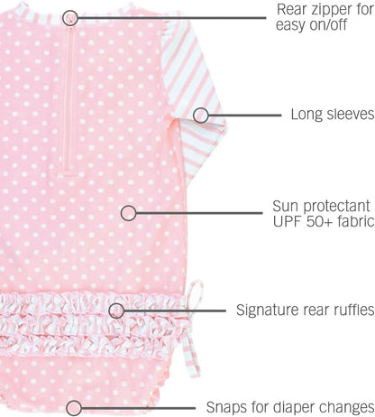 Baby Girls UPF 50+ Sun Protection Gingham Printed Long Sleeve One Piece Rash Guard Swimsuit with Zipper